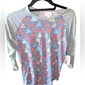 Lularoe Medium blue faded wash Randy baseball T with grey sleeves. NWT stretchy!